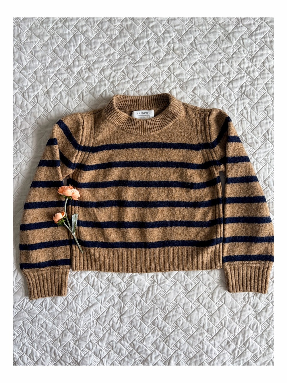 La Ligne Camel Navy Stripe 100% Merino Wool Sweater Size M